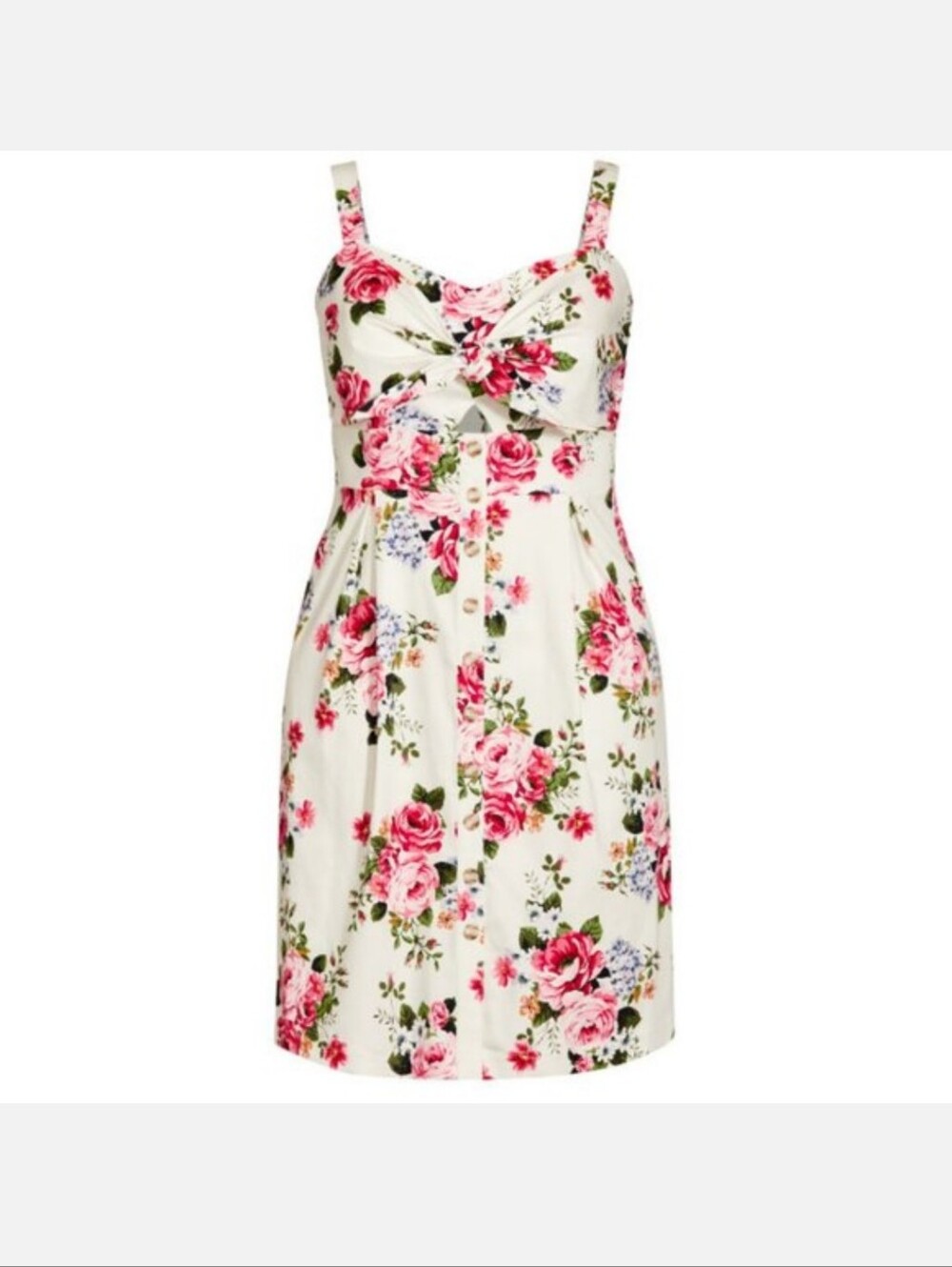 City Chic Floral Button-Front Sundress - Cream with Pink Roses